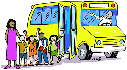 Yellow school bus with children and a lady in a purple dress